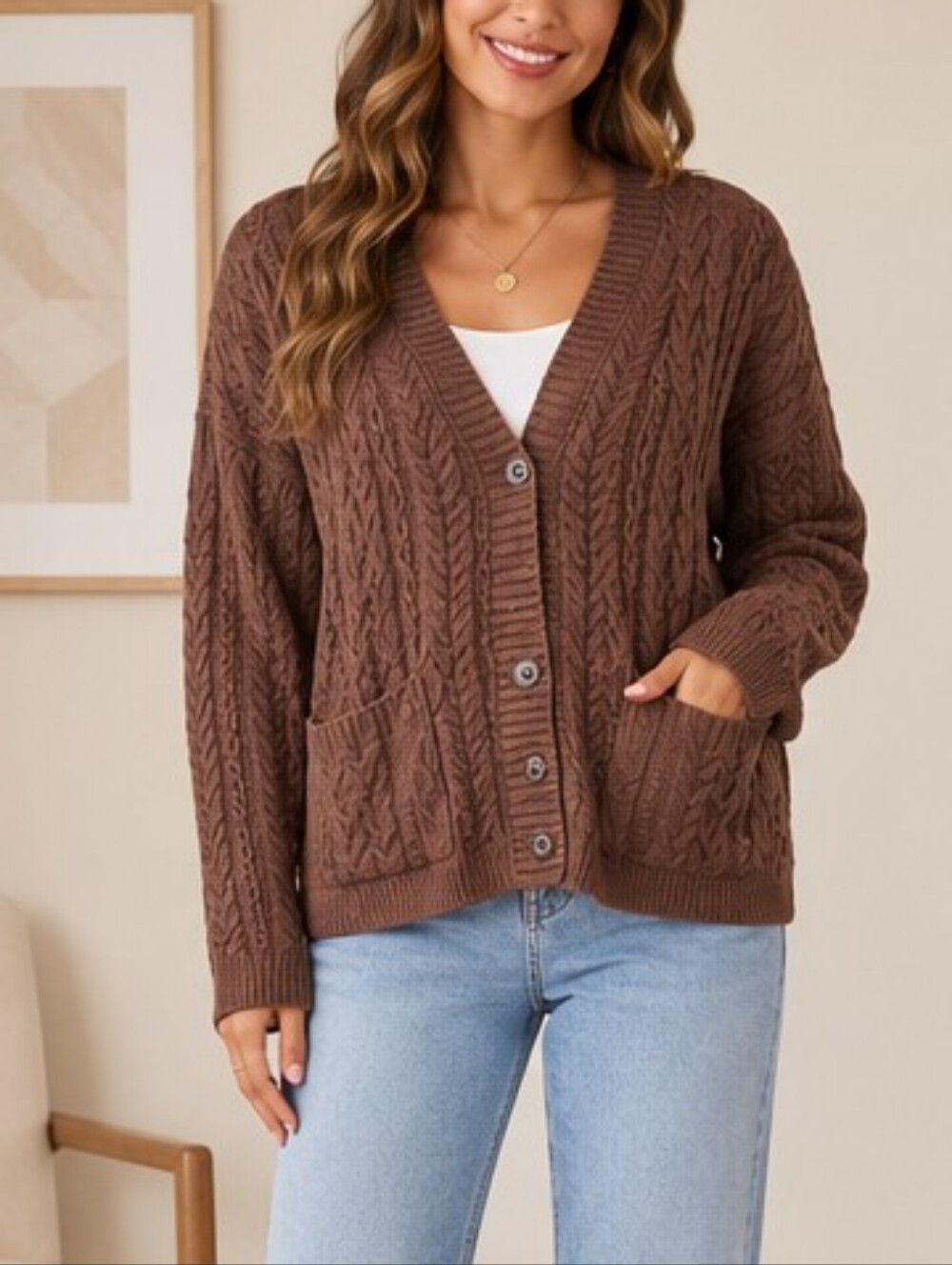 Yousify Cable Knit Button-Front Cardigan Sweater  Size Small – Brown NWT